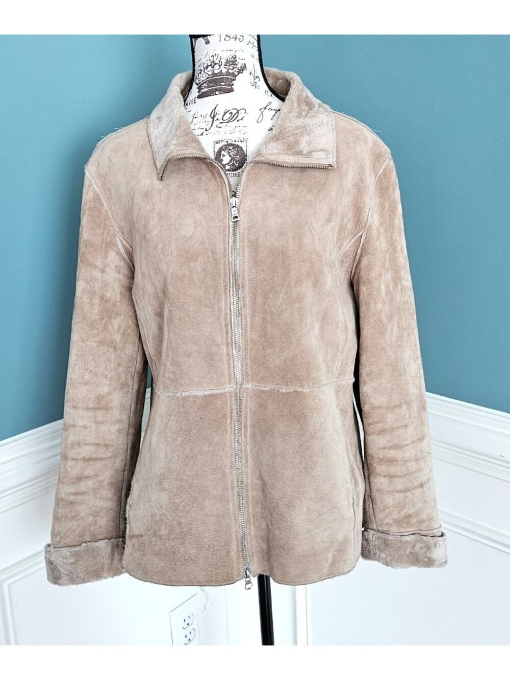 Guess Women's L Suede Fitted Leather Tan Lined Jacket Coat